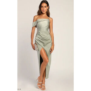 Lulus Showing Off a Little Sage Green Asymmetrical Tulip Midi Dress Wedding XS